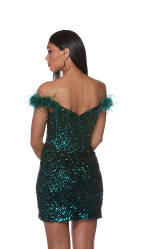 A dark green, off-the-shoulder short prom dress with feather-trimmed sleeves, crafted from a sparkly sequin fabric.