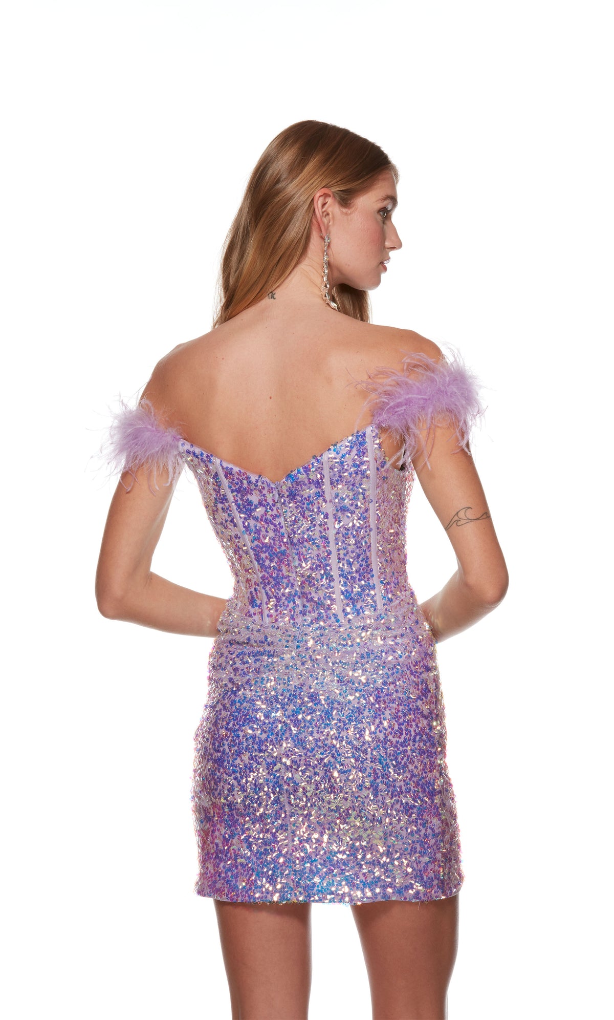 A purple, off-the-shoulder short corset dress with feather-trimmed sleeves, crafted from a sparkly iridescent seqins fabric.