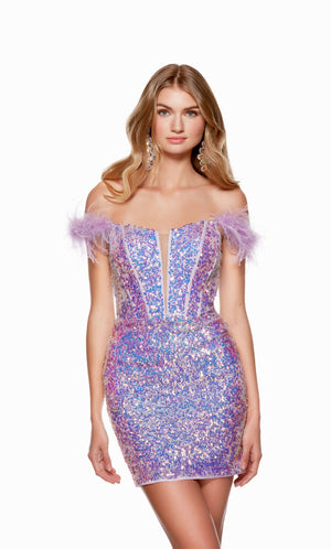 A purple, off-the-shoulder short prom dress with feather-trimmed sleeves, crafted from a sparkly iridescent seqins fabric.