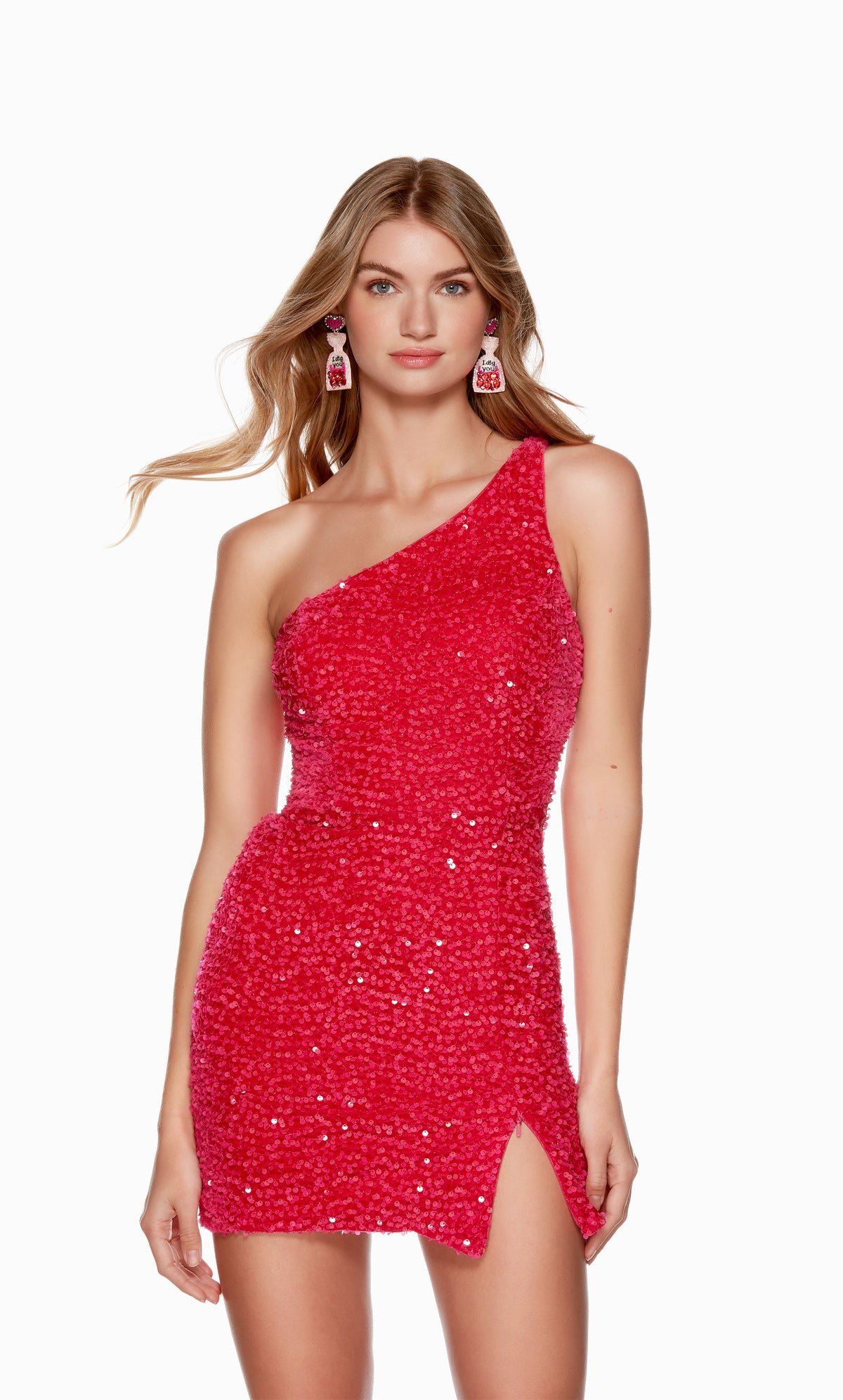 A stylish, one-shoulder short prom dress made from a fun iridescent fuchsia sequin fabric. The back of the dress has a lace-up style closure.