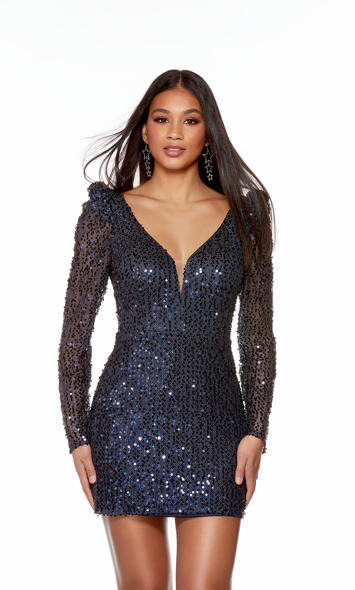 A short, midnight blue colored long-sleeve homecoming dress with a plunging neckline and a V-shaped open back in a sparkly micro sequin fabric, designed with a sleek, fitted silhouette.