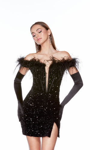 An off-the-shoulder, plunging neckline mini dress with a corset bodice with a zip-up side slit and feather trim in black plush sequins. The dress was accessorized with long black satin gloves which are not included with dress purchase.