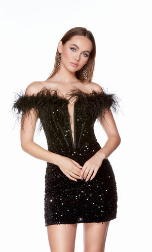 An off-the-shoulder, plunging neckline mini dress with a corset bodice with a zip-up side slit and feather trim in black plush sequins.