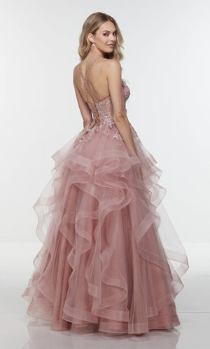 Layered tulle dress with a lace-up back, sheer bodice, and lace appliques in pink.