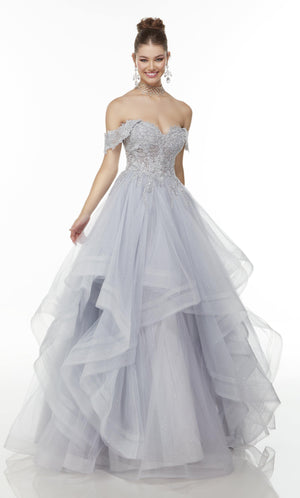 Off-the-shoulder silver ball gown with a corset bodice and sparkly, layered tulle skirt.