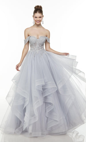 Off-the-shoulder silver dress with a full layered glitter tulle skirt and lace, corset bodice.