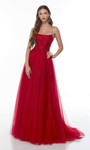 Red tulle dress with a straight neckline, lace embroidered bodice; embellished with shimmery glitter throughout.