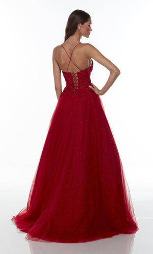 Floral embroidered plus size red ball gown with a lace up back and shimmery glitter embellishment throughout.