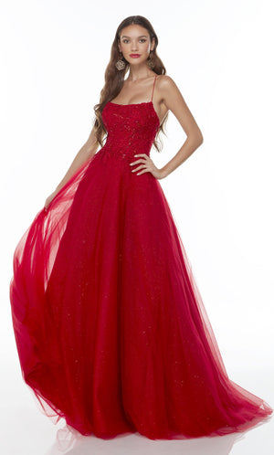 Elegant red ball gown with a square neck, floral embroidered bodice, and shimmery glitter throughout.