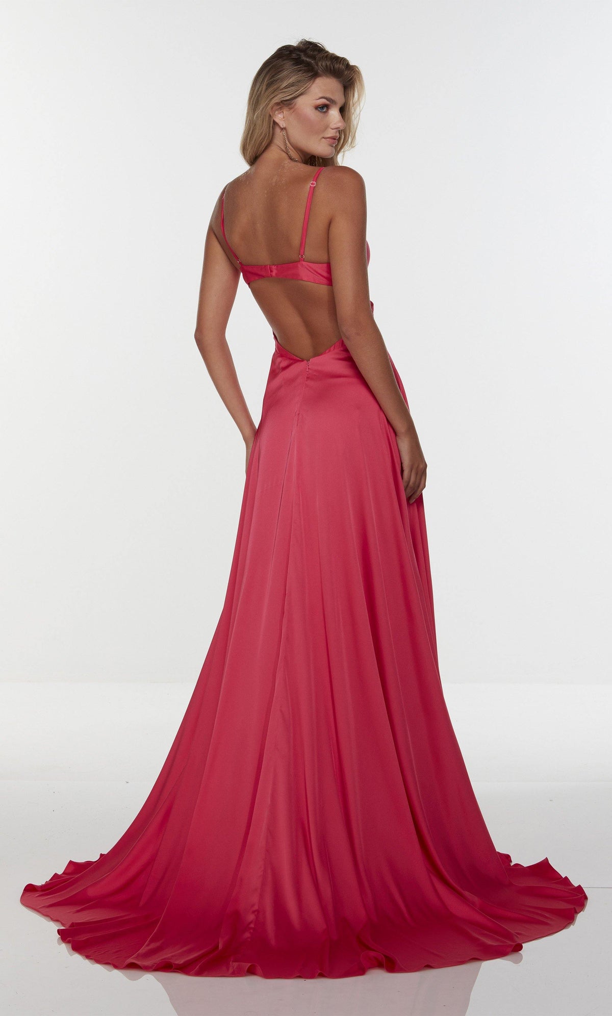 Long satin open back dress with a flowy skirt and train.