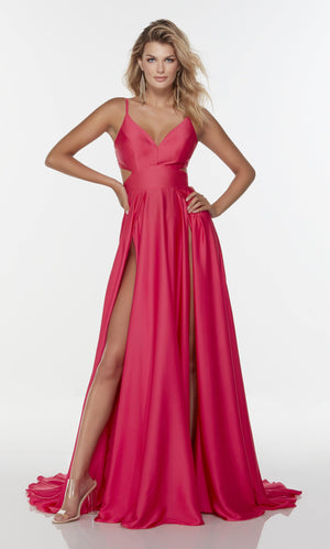 Long sexy hot pink dress with a v neck, side cut outs, and double slits.
