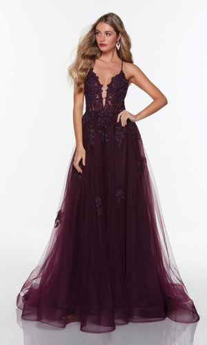 Tulle prom dress with a plunging neckline and floral appliques in black plum.