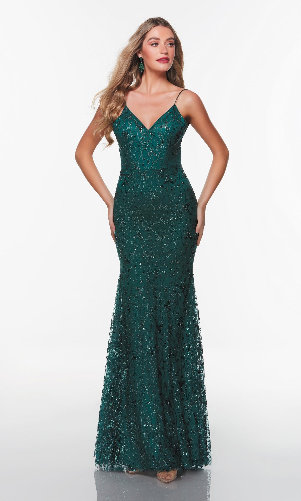 Pine green, sparkly evening gown with a V neckline.