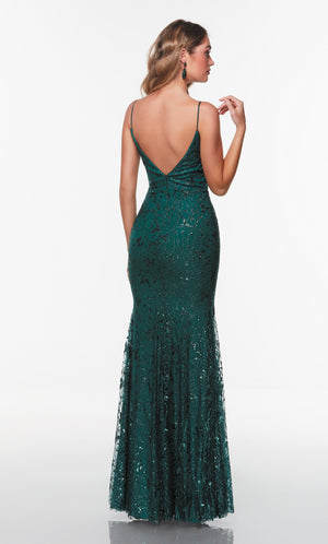 Sparkly green formal dress with an open, v shaped back.
