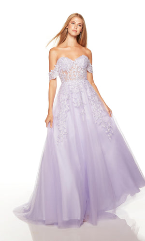 Lavender off the shoulder corset prom dress with a sheer bodice and floral lace appliques. COLOR-SWATCH_61297__LAVENDER