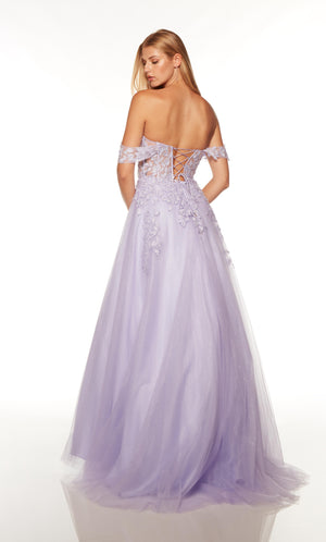 Lavender off the shoulder corset ballgown with a sheer bodice, lace up back, and floral lace appliques.