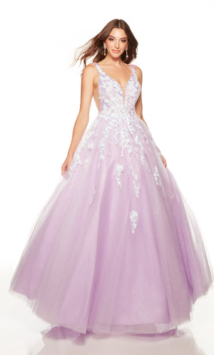 Purple tulle ballgown with a plunging neckline and delicate floral detail. COLOR-SWATCH_61301__ORCHID
