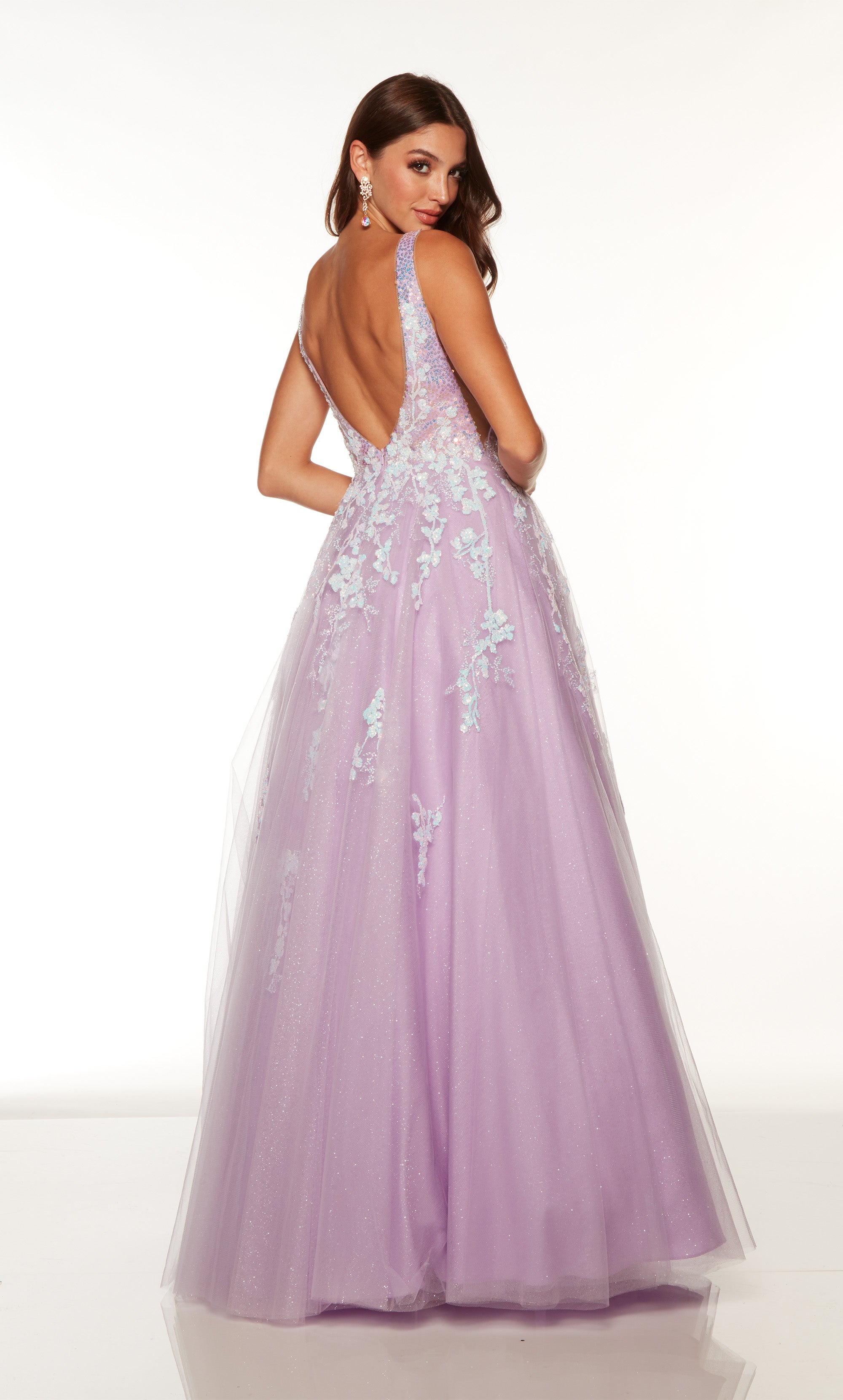 Purple tulle ballgown with a plunging neckline and delicate floral detail. COLOR-SWATCH_61301__ORCHID