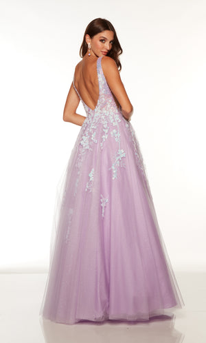 Purple tulle ballgown with a deep V back style and delicate floral detail.