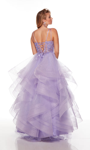 Purple corset prom dress with a lace up back sheer bodice.