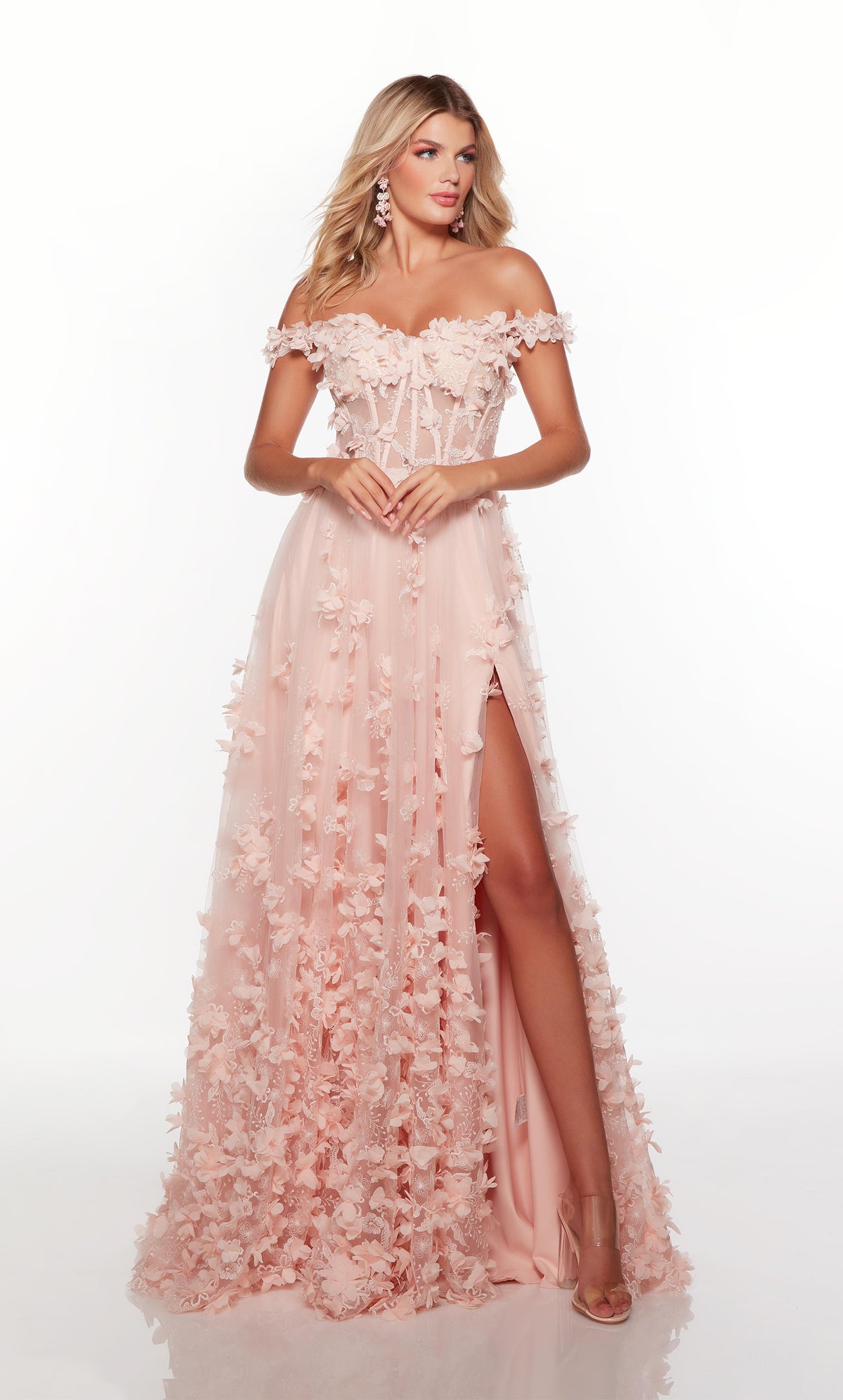 Light pink off the shoulder corset prom dress with a sheer bodice, high side slit, and delicate 3d flowers throughout. COLOR-SWATCH_61308__ROSEWATER