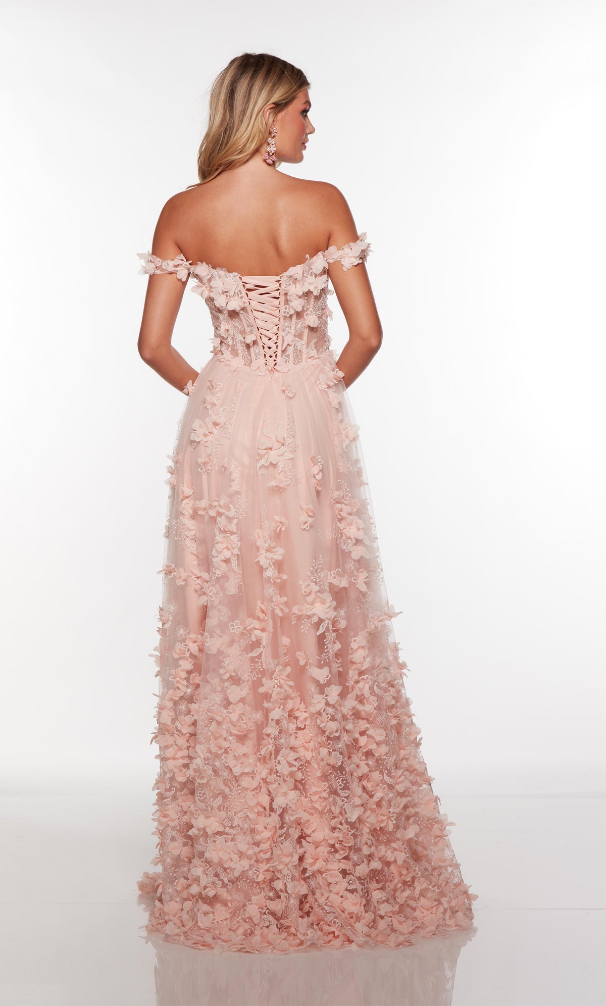 Light pink off the shoulder corset dress with a sheer bodice and delicate 3d flowers throughout.
