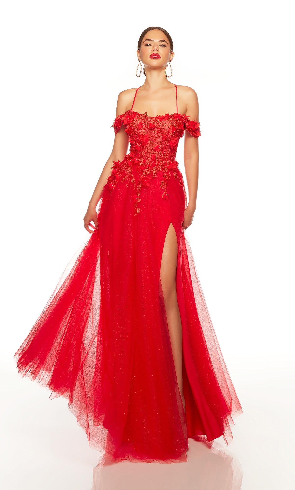Red sexy prom dress with a front slit and 3d flowers. COLOR-SWATCH_61319__RED