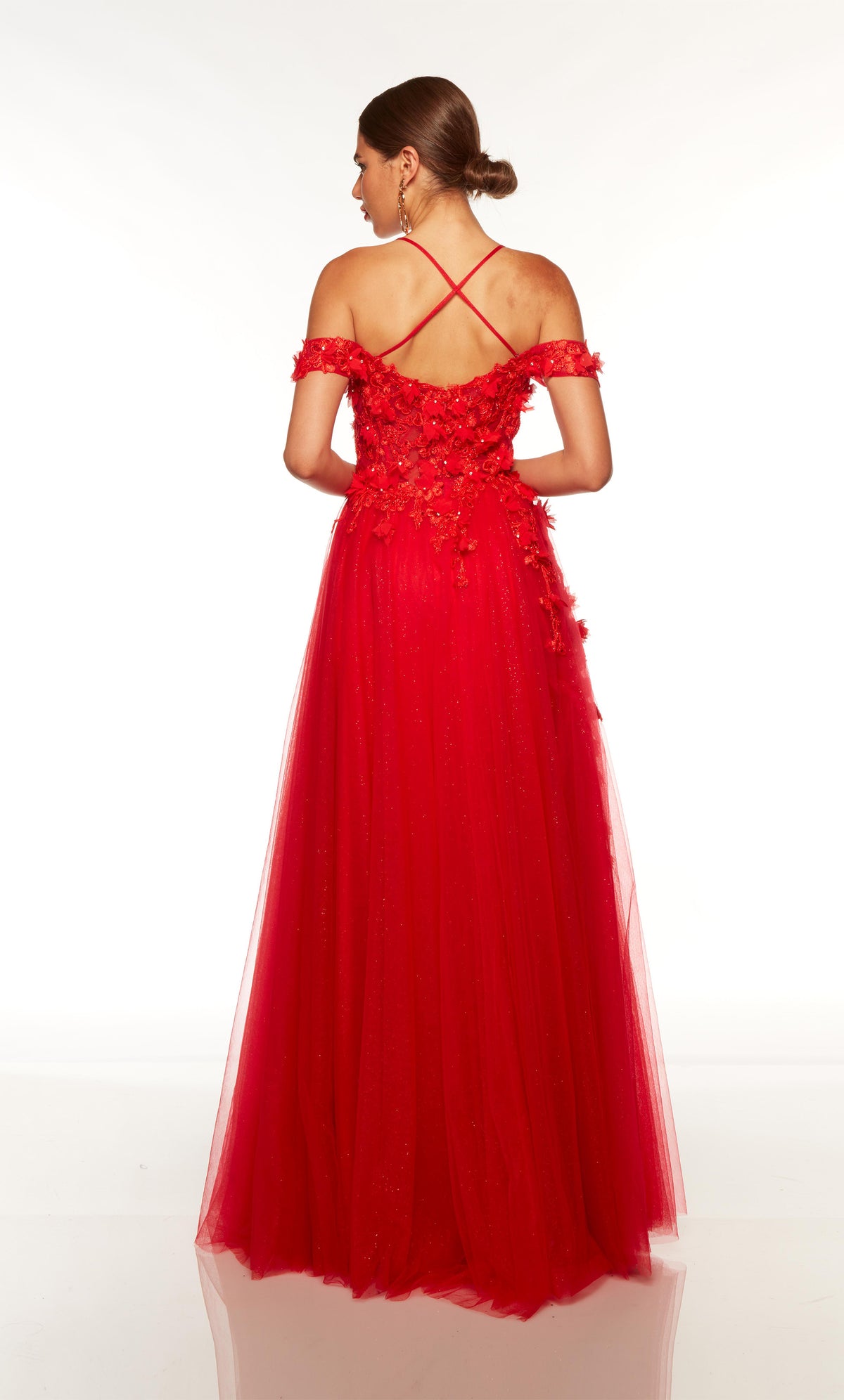 Sexy red prom dress with a crisscross strappy back and 3d flowers.