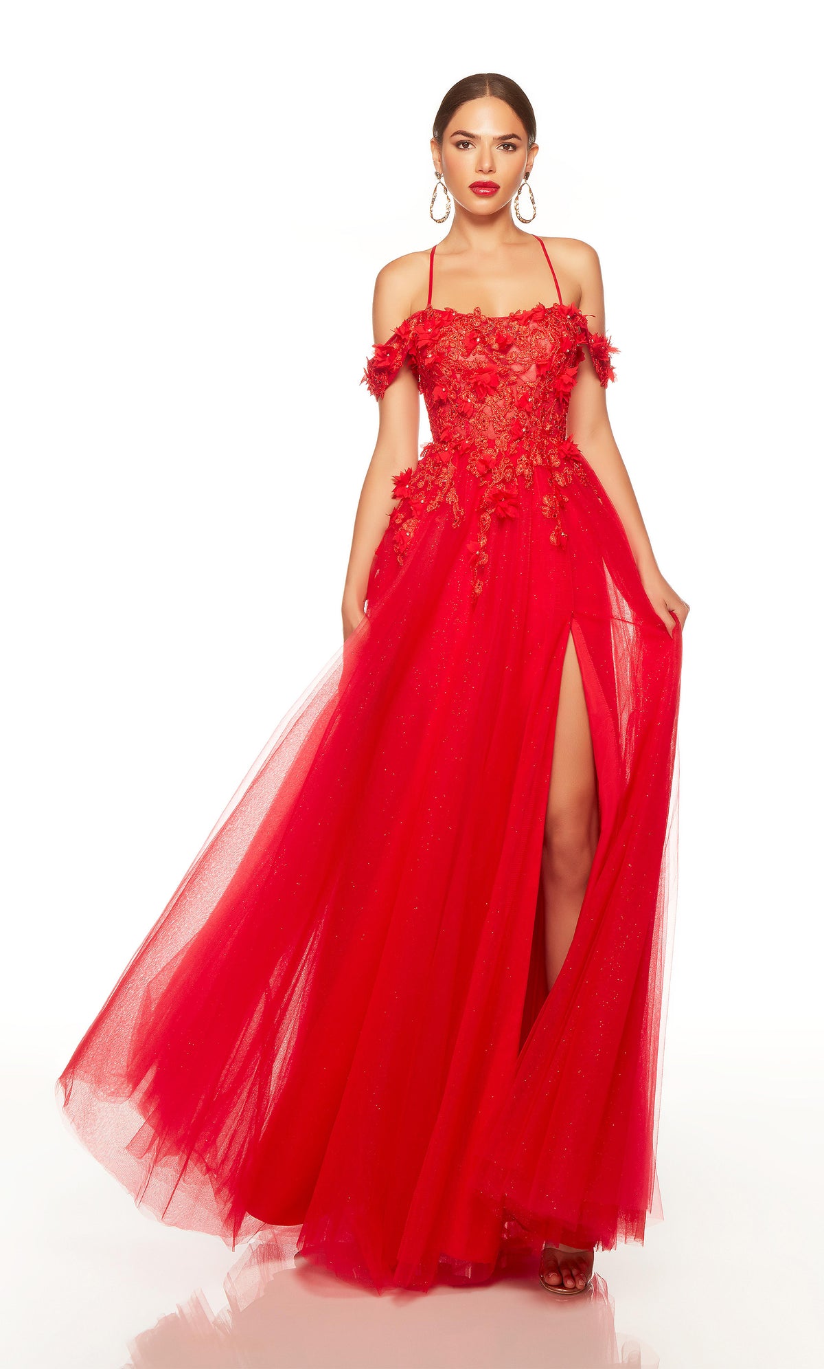 Sexy red formal dress a front slit and 3d flowers.