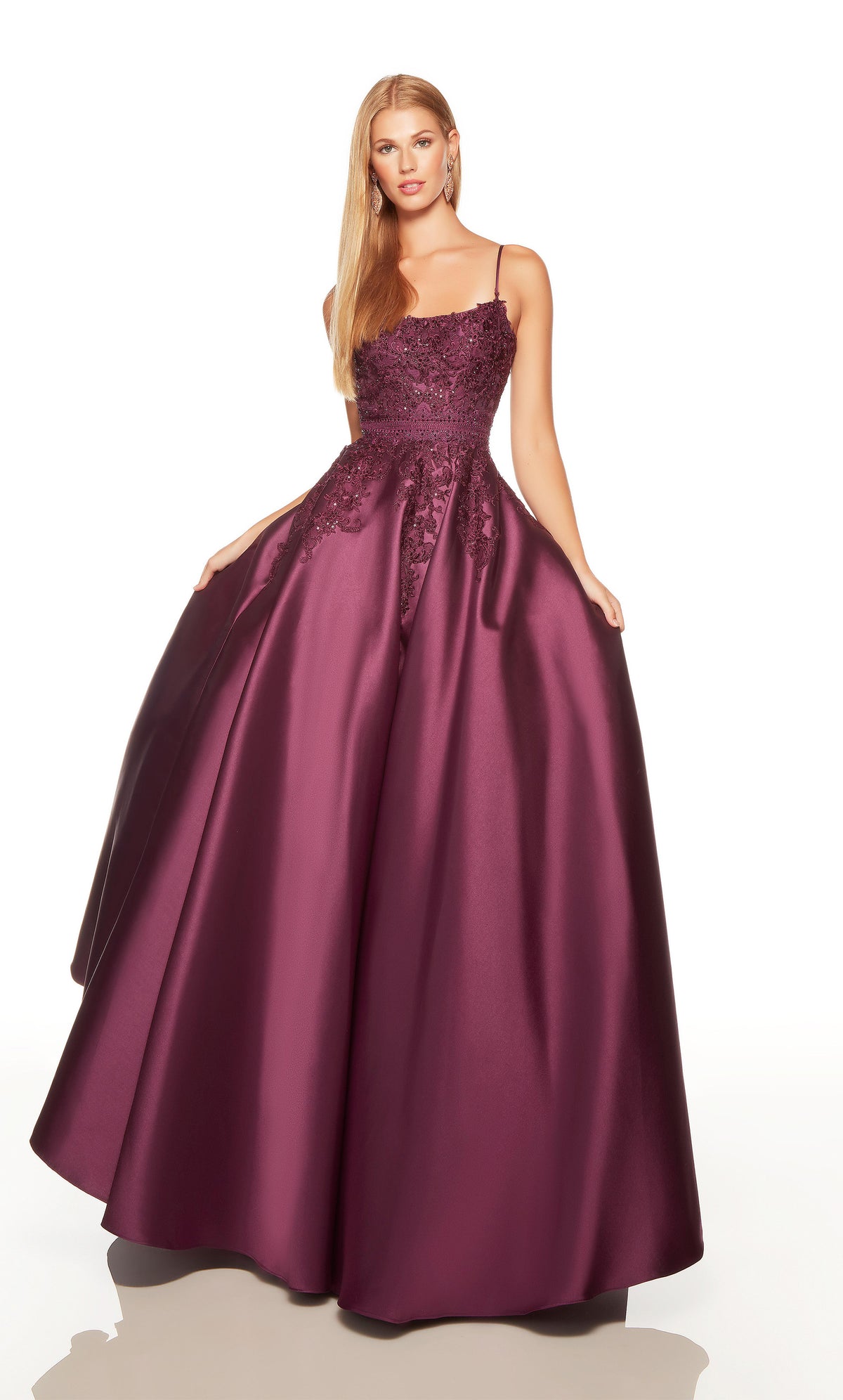 Elegant prom dress with a scoop neckline and floral lace appliques in black plum color. COLOR-SWATCH_61321__BLACK-PLUM