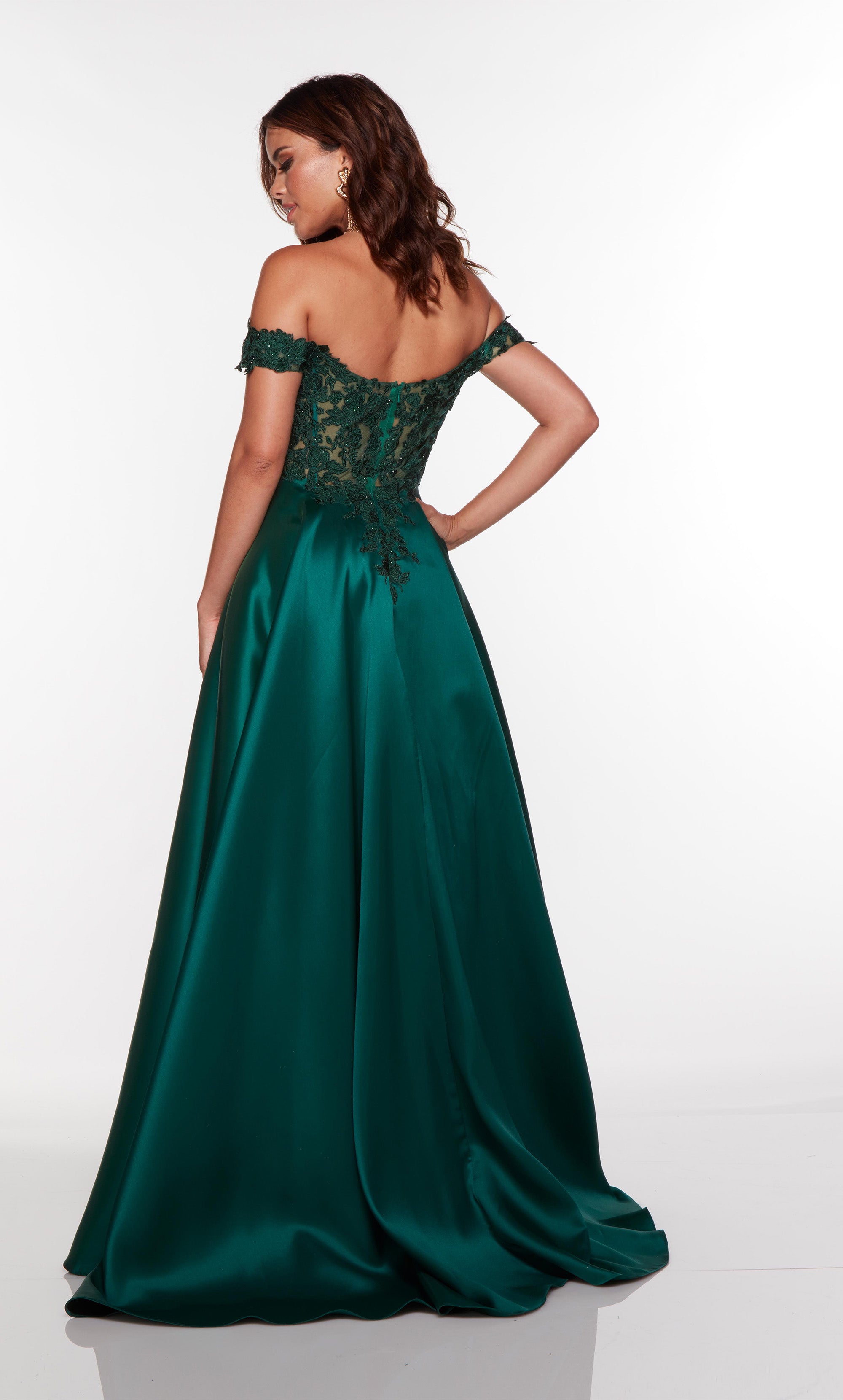 A line green prom dress with an off the shoulder neckline and a sheer lace corset bodice. COLOR-SWATCH_61324__PINE