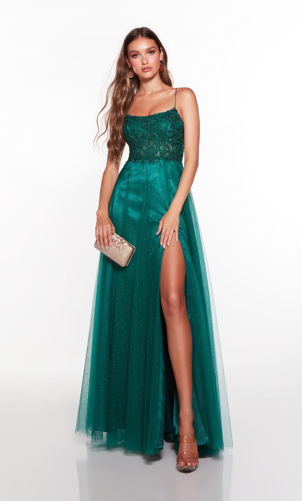 A line green prom dress with a sheer lace corset bodice and front slit. COLOR-SWATCH_61325__PINE