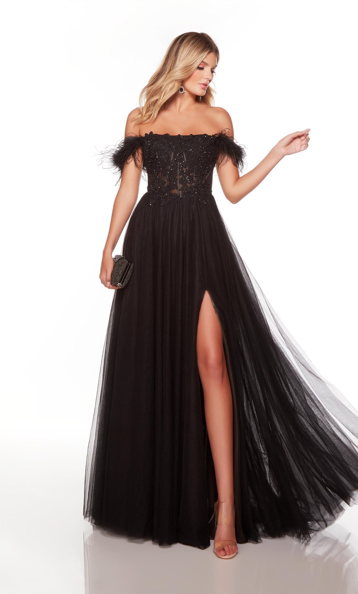 Off the shoulder black prom dress with a sheer lace corset bodice, front slit, and feather accents. COLOR-SWATCH_61328__BLACK
