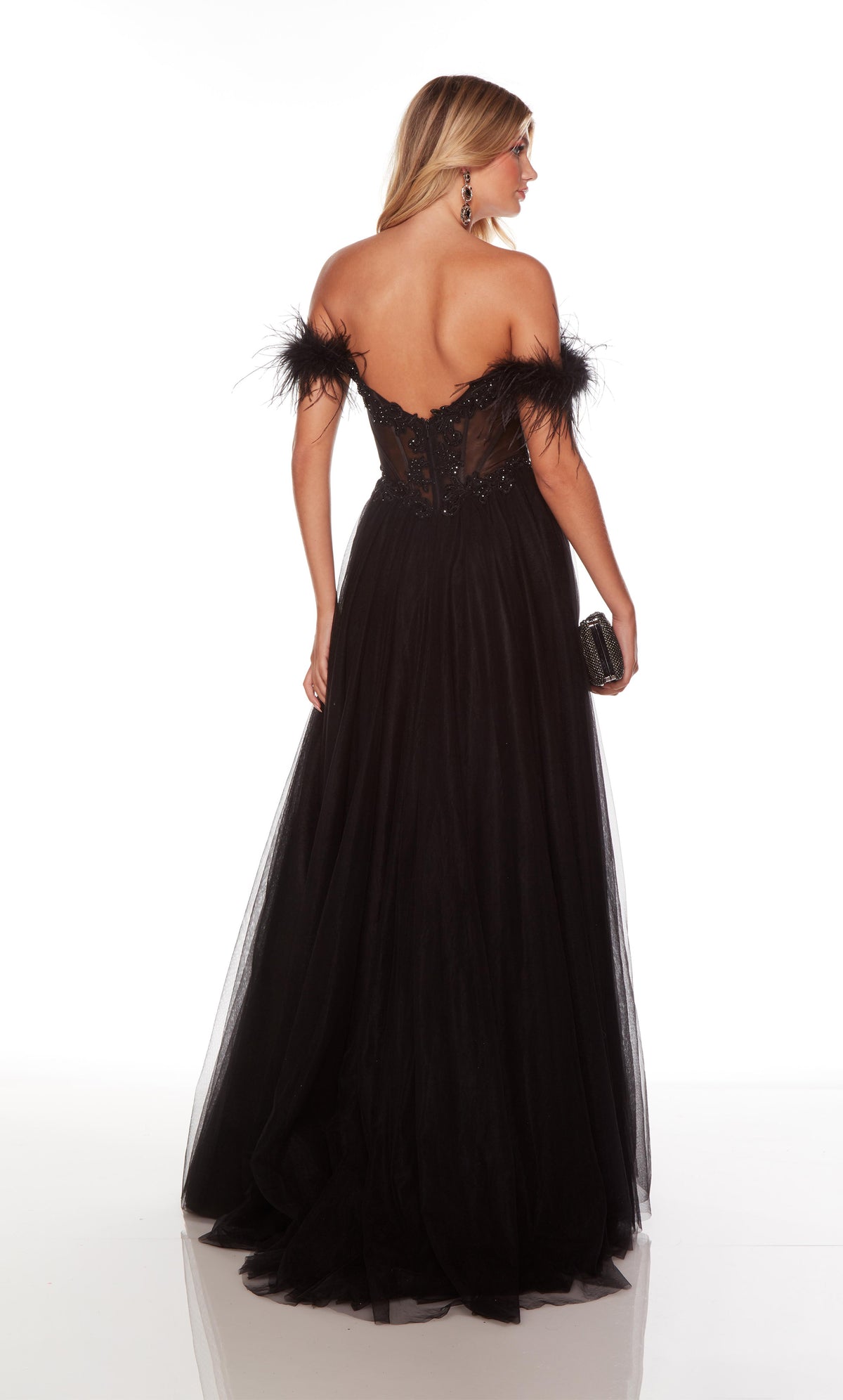 Off the shoulder black feather dress with a sheer lace corset bodice and front slit.