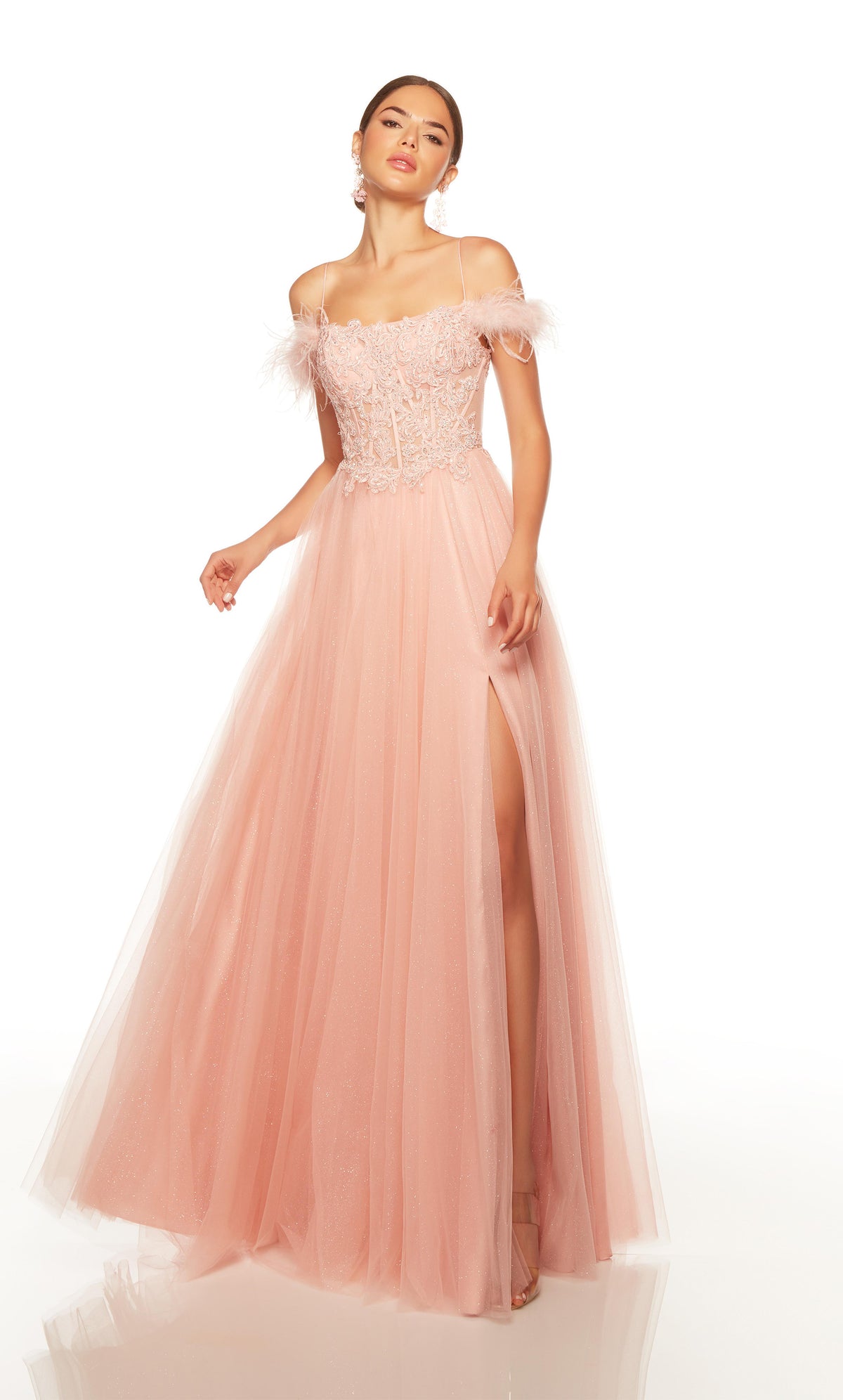 Off the shoulder pink prom dress with a sheer lace corset bodice, front slit, and feather accents. COLOR-SWATCH_61328__FRENCH-PINK