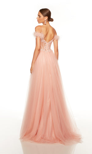 Off the shoulder pink corset dress with feather accents, and a sheer lace bodice with a zip up back.