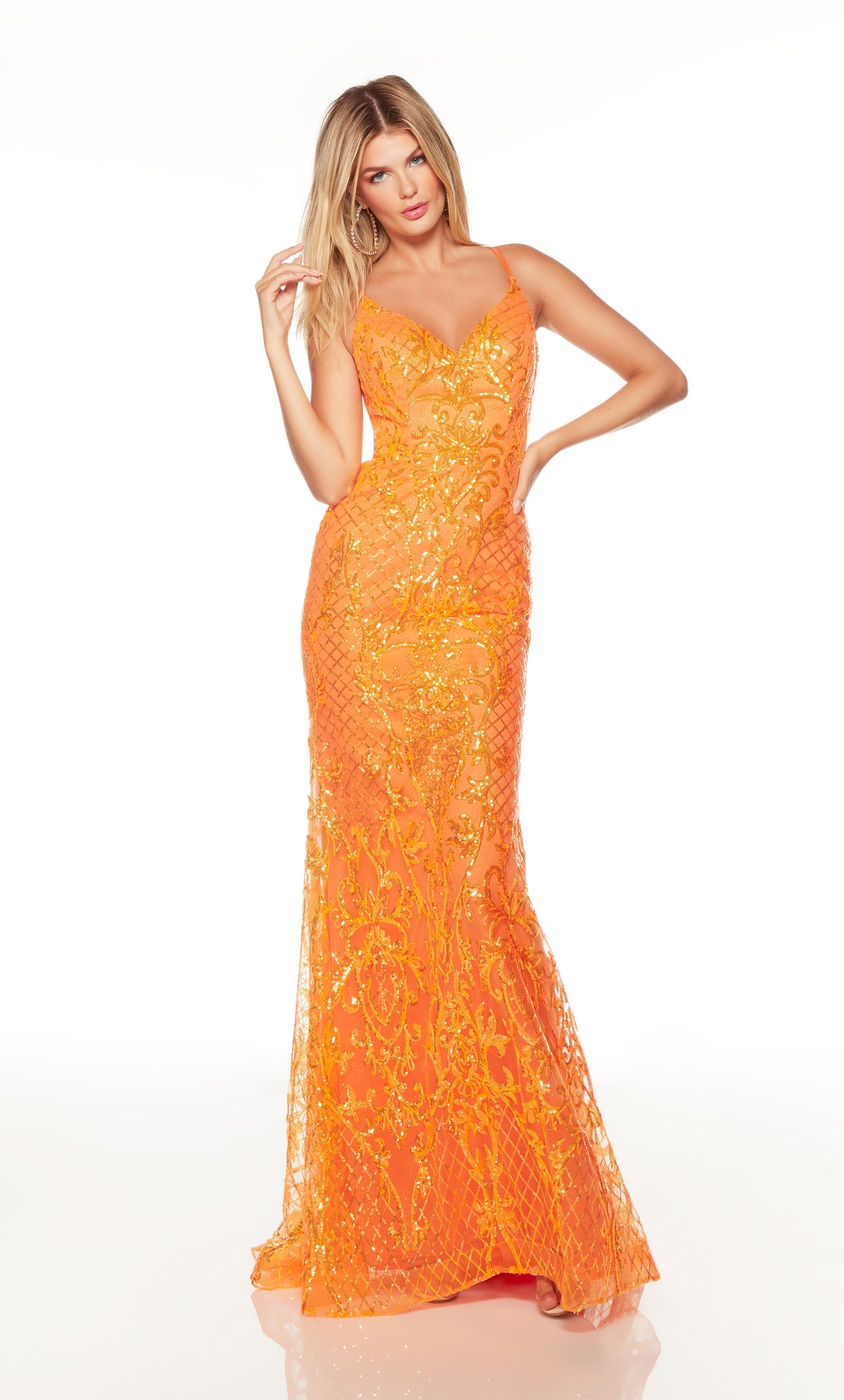 Sparkly fit and flare orange prom dress with a V neckline. COLOR-SWATCH_61330__BRIGHT-ORANGE