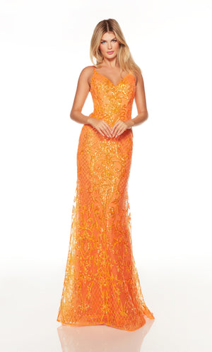 Sparkly fit and flare orange formal dress with a V neckline.