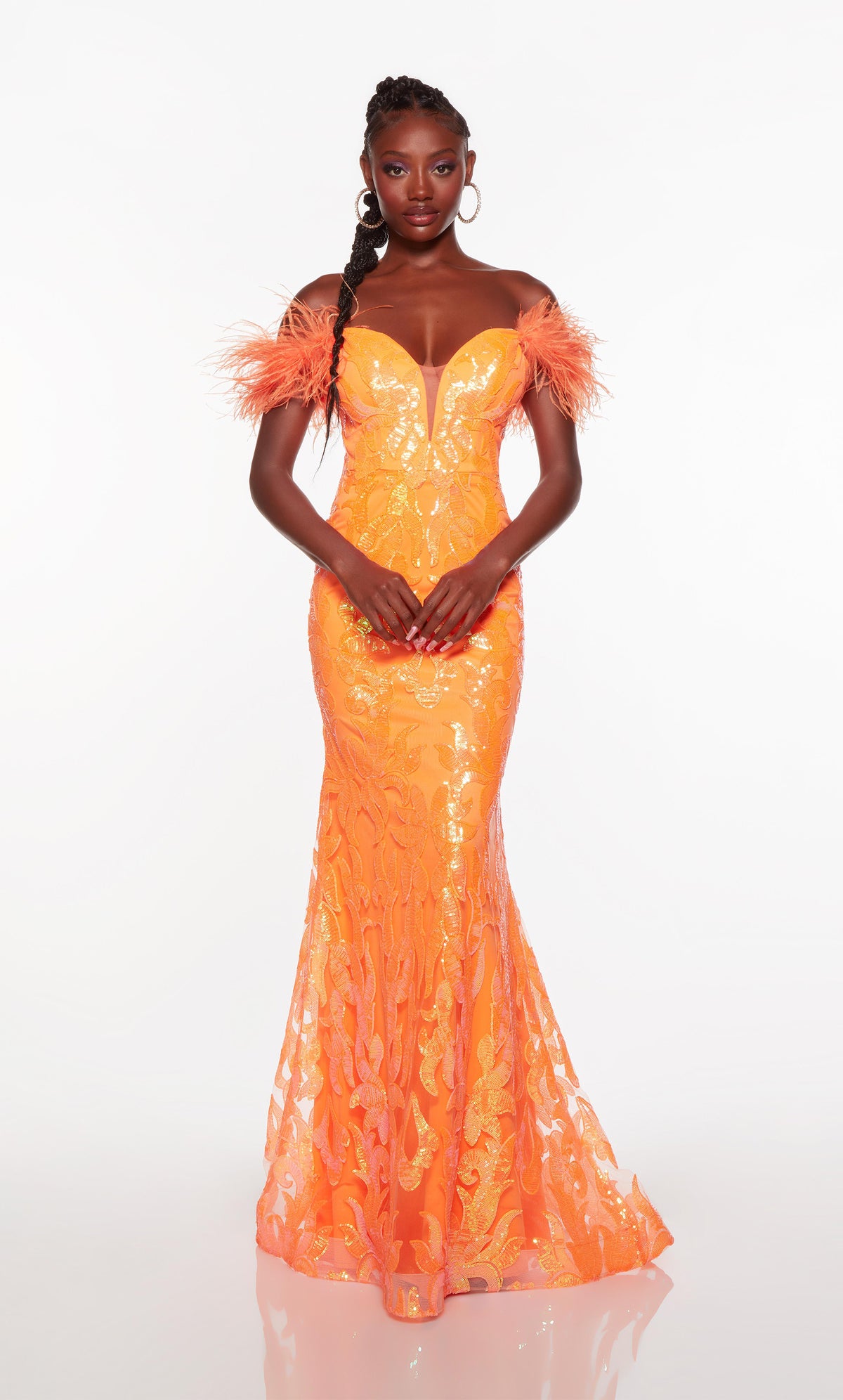 Sparkly off the shoulder orange prom dress with a plunging neckline and feather trim. COLOR-SWATCH_61331__BRIGHT-ORANGE