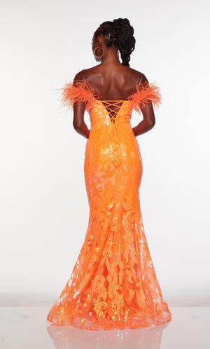 Sparkly off the shoulder prom dress with a lace up back and feather trim in bright orange.