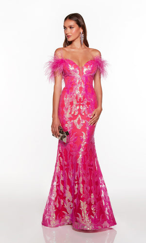 Sparkly off the shoulder hot pink prom dress with a plunging neckline and feather trim. COLOR-SWATCH_61331__ELECTRIC-FUCHSIA