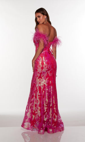 Sparkly pink feather prom dress with an off the shoulder neckline and iridescent sequin design throughout.