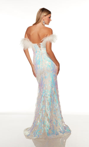 Iridescent white off the shoulder prom dress with a lace up back and feather trim.