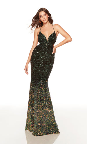 Fitted dark green-gold ombre sequin evening dress with a plunging neckline and side cutouts.