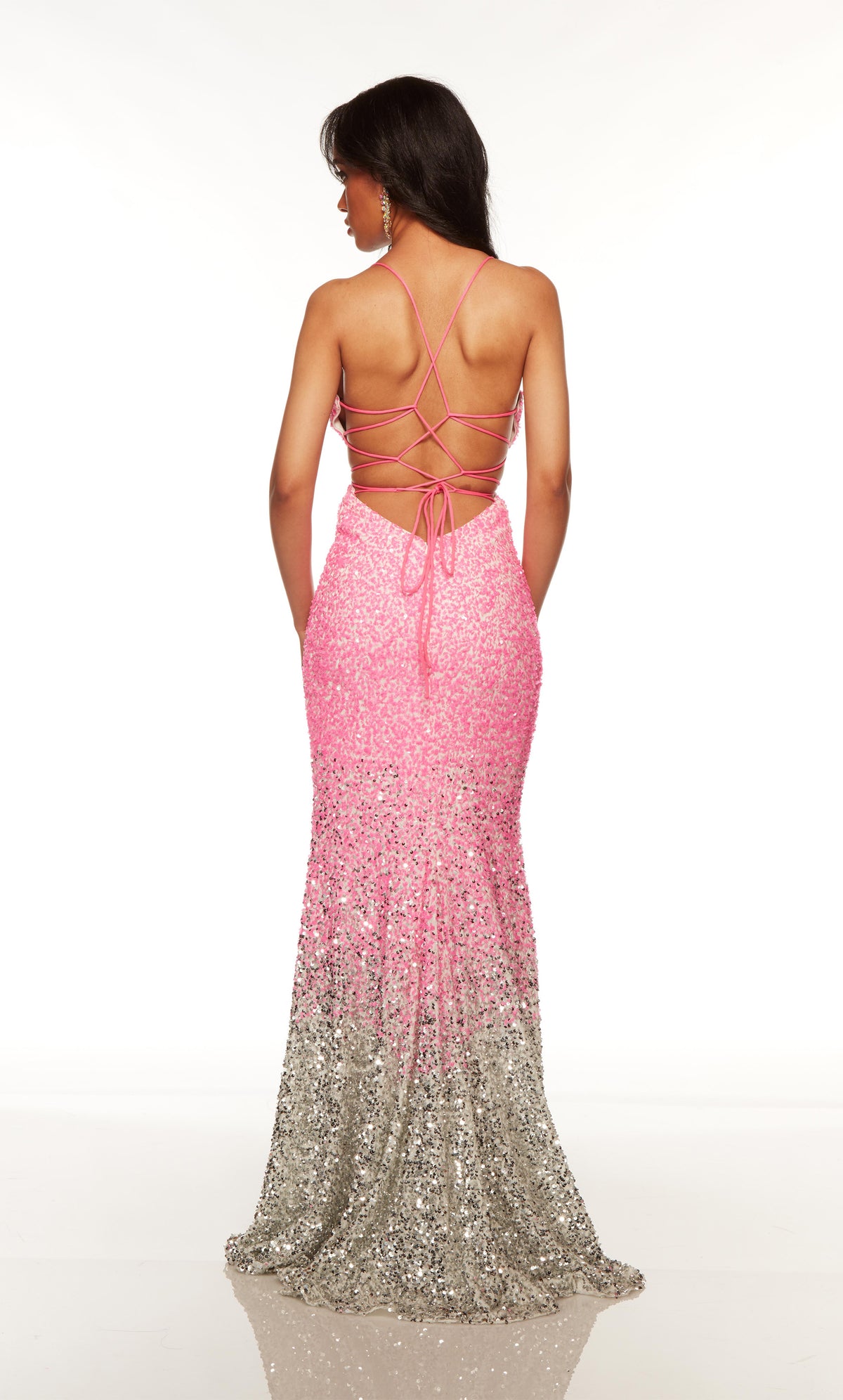 Fitted pink-silver ombre sequin prom dress with a strappy back.
