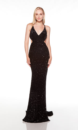 Sparkly black prom dress with a V neckline and side cutouts. COLOR-SWATCH_61339__BLACK