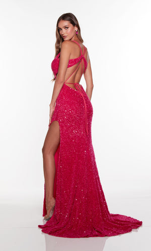 Sparkly prom dress with a strappy back, side slit, and train in pink sequins.