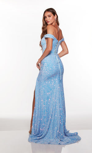 Blue off the shoulder prom dress with a lace up back and train.