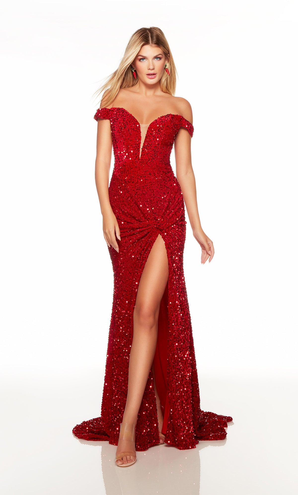 Red off the shoulder prom dress with a lace up back and train.