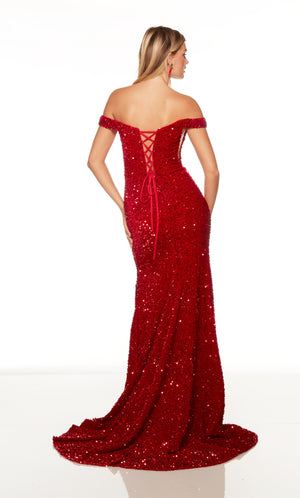 Red prom dress with an off the shoulder neckline, knotted detail, and front slit.